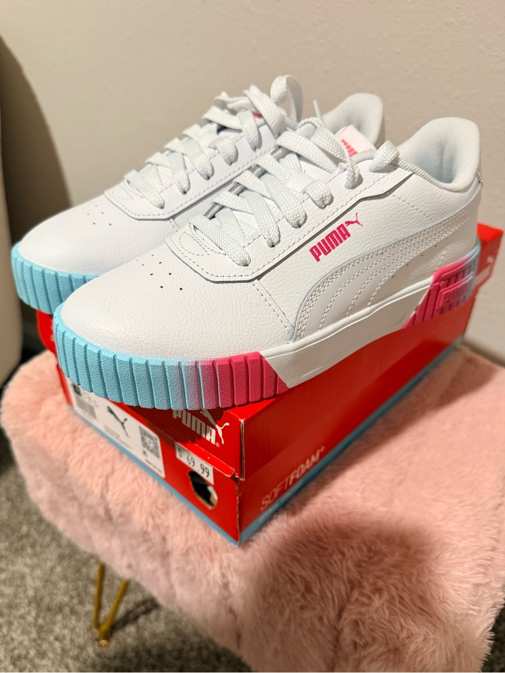 Puma White Platform Sneakers with Pink & Blue Accents